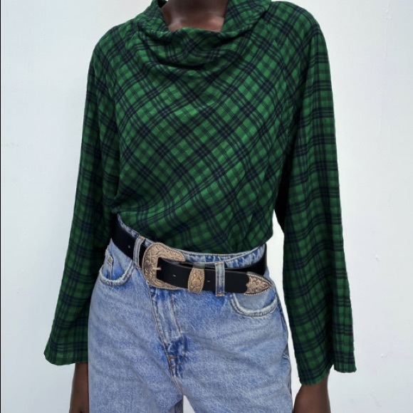 Zara Tops - Zara greenprint,  flowy top, tartan design, hi neck